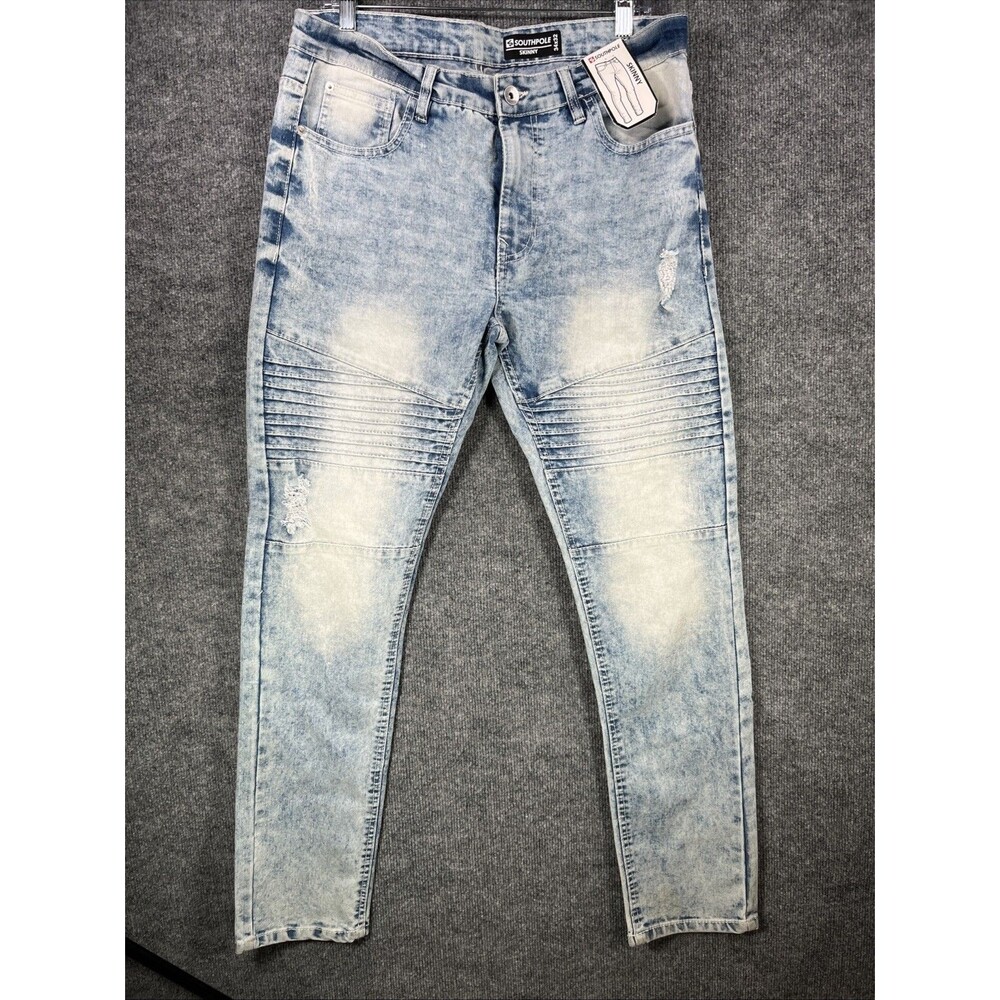 NWT! Southpole Men's 34x32 Blue Skinny Stretch Jeans Y2K Faded Bleach Distressed